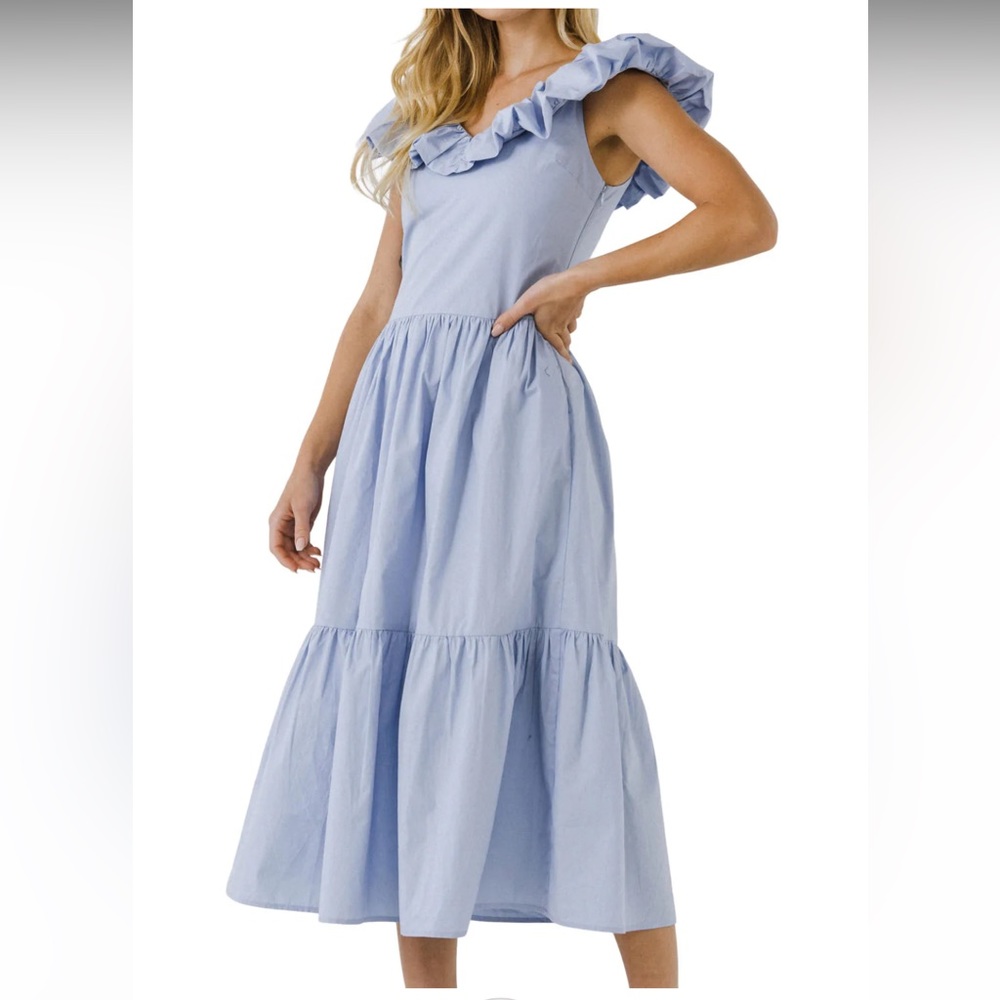 English Factory Esther Penn Ruffle Midi Dress Blue XS